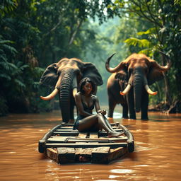 A vibrant, lush forest surrounding a muddy river, with a focus on a wooden raft gently floating on the murky waters