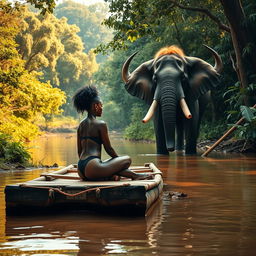 A vibrant, lush forest surrounding a muddy river, with a focus on a wooden raft gently floating on the murky waters