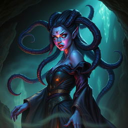 A Dungeons and Dragons aberrant mind sorceress with long, flowing tentacles emerging from her back