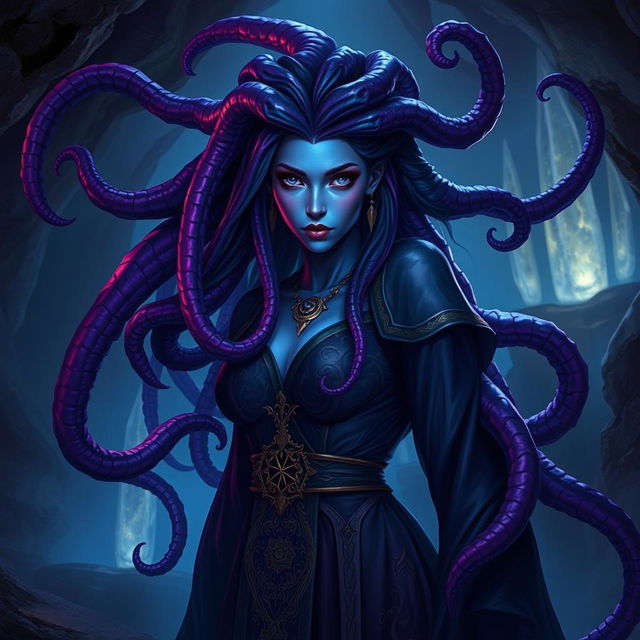 A Dungeons and Dragons aberrant mind sorceress with long, flowing tentacles emerging from her back