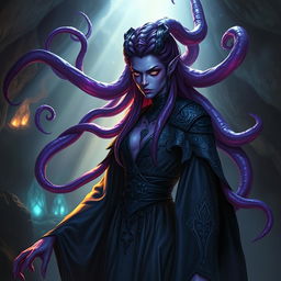A Dungeons and Dragons aberrant mind sorceress with long, flowing tentacles emerging from her back