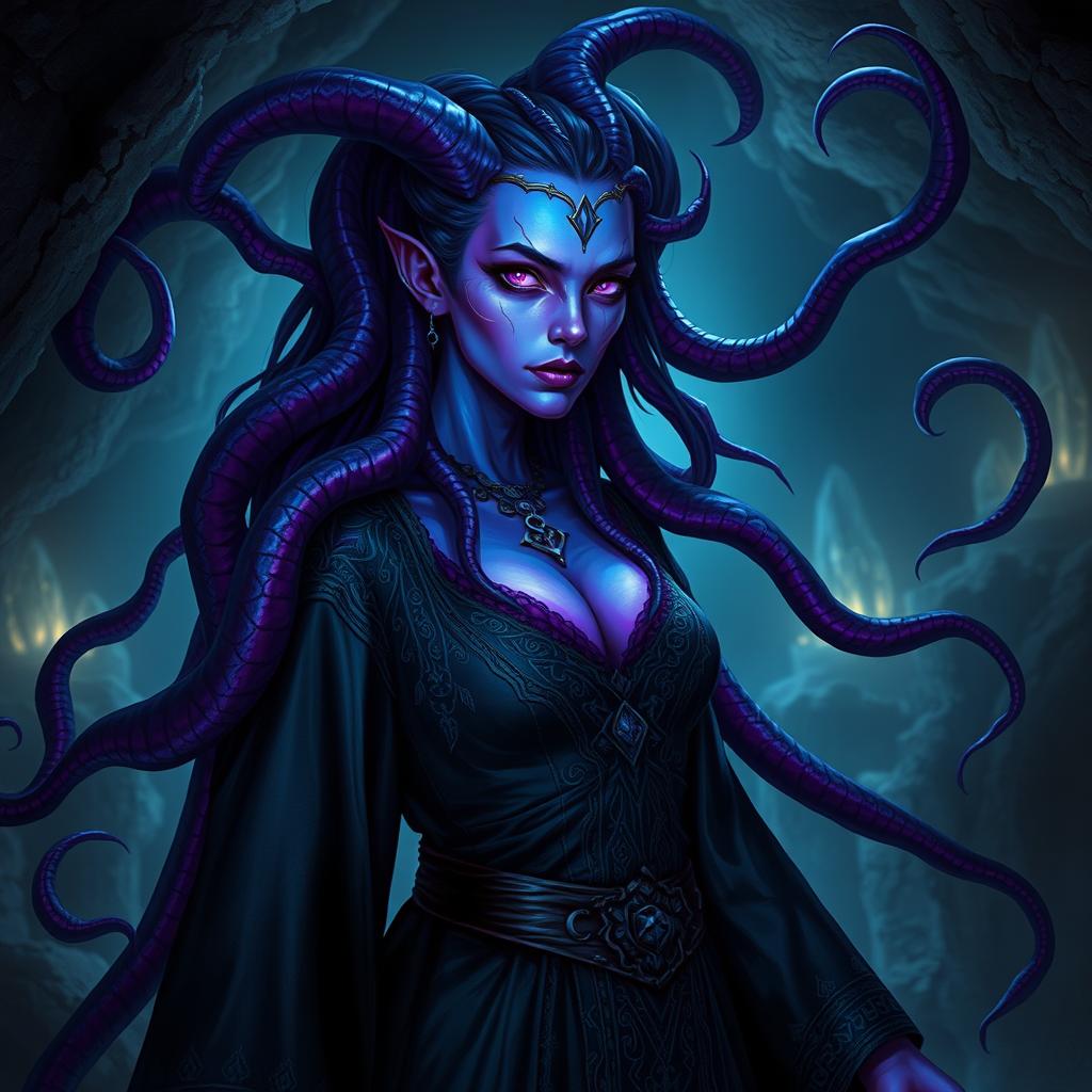 A Dungeons and Dragons aberrant mind sorceress with long, flowing tentacles emerging from her back