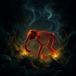 A dramatic book cover design featuring a dense rainforest scene illuminated by the eerie glow of embers from a burning elephant skeleton