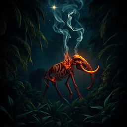 A dramatic book cover design featuring a dense rainforest scene illuminated by the eerie glow of embers from a burning elephant skeleton
