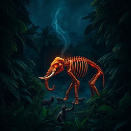 A dramatic book cover design featuring a dense rainforest scene illuminated by the eerie glow of embers from a burning elephant skeleton