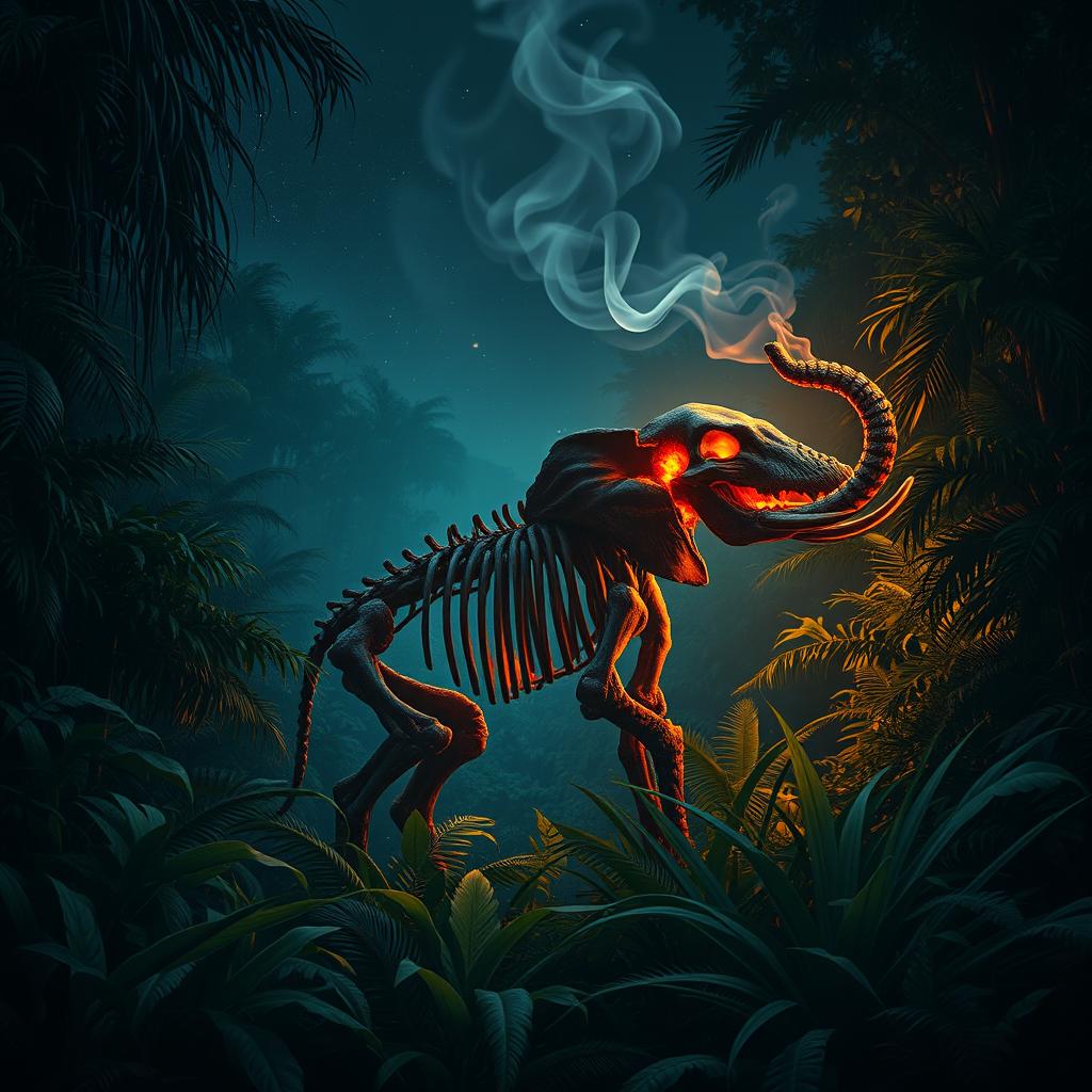 A dramatic book cover design featuring a dense rainforest scene illuminated by the eerie glow of embers from a burning elephant skeleton