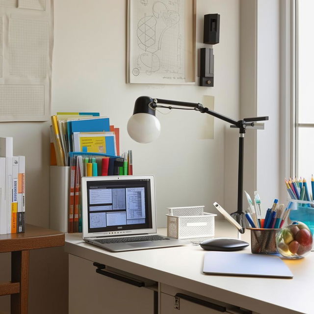 A well-organized study table with a laptop, a lamp, and various study materials neatly arranged.