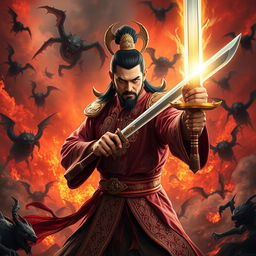 A great Vietnamese magician gripping a powerful magic sword, ready to destroy demons in a chaotic hellscape