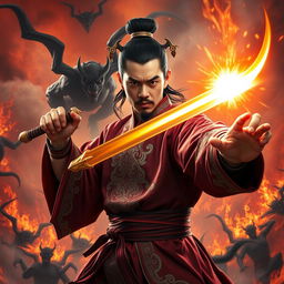 A great Vietnamese magician gripping a powerful magic sword, ready to destroy demons in a chaotic hellscape