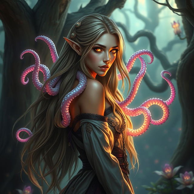 A captivating half-elf sorceress with long flowing hair, possessing an otherworldly aura