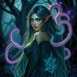 A captivating half-elf sorceress with long flowing hair, possessing an otherworldly aura