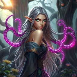 A captivating half-elf sorceress with long flowing hair, possessing an otherworldly aura