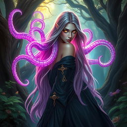 A captivating half-elf sorceress with long flowing hair, possessing an otherworldly aura