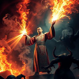 A great Vietnamese magician conjuring powerful magic to destroy demons in a tumultuous hell