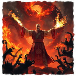 A great Vietnamese magician conjuring powerful magic to destroy demons in a tumultuous hell