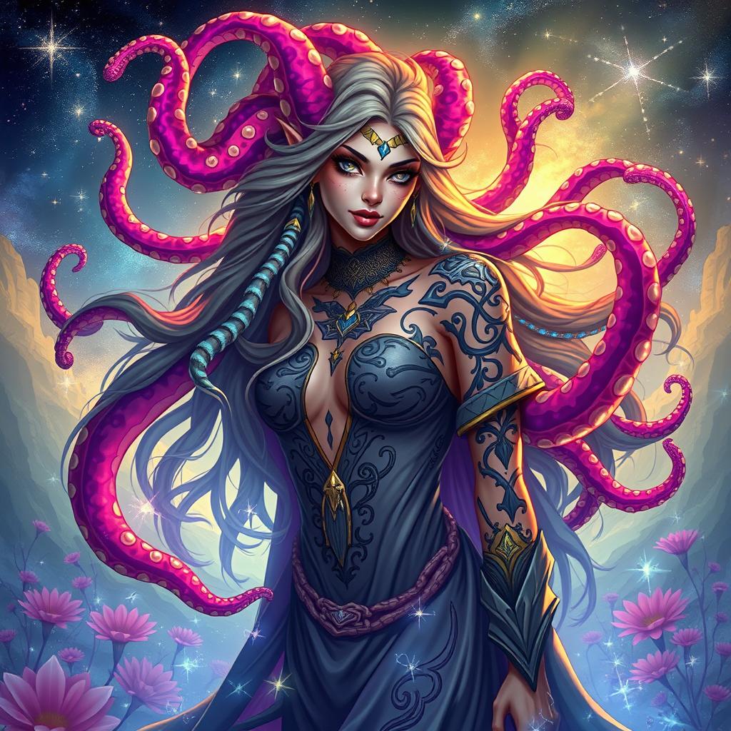 A striking half-elf sorceress with an Abberant Mind theme, featuring vibrant tentacles that radiate from her body, intertwining with her long, flowing hair