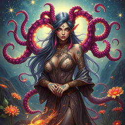 A striking half-elf sorceress with an Abberant Mind theme, featuring vibrant tentacles that radiate from her body, intertwining with her long, flowing hair