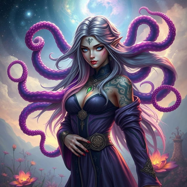 A striking half-elf sorceress with an Abberant Mind theme, featuring vibrant tentacles that radiate from her body, intertwining with her long, flowing hair