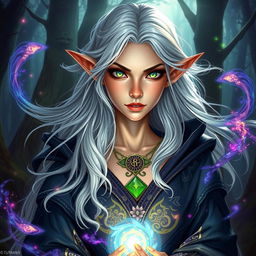 A captivating DnD half-elf sorceress with an Abberant Mind, showcasing her mystical abilities