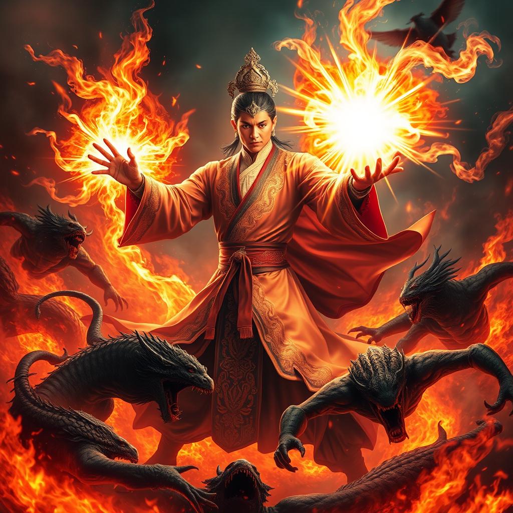 A great Vietnamese magician utilizing powerful magic to obliterate demons in an intense, fiery hellscape