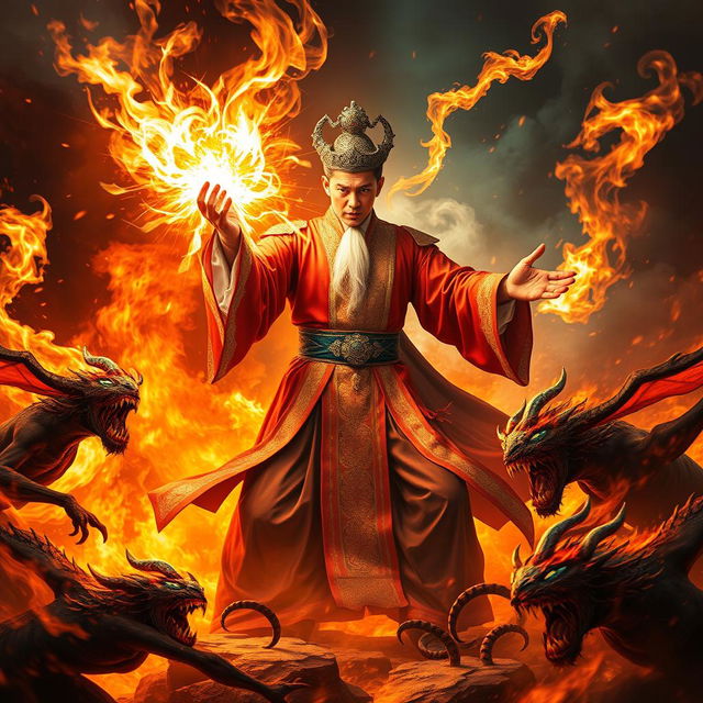 A great Vietnamese magician utilizing powerful magic to obliterate demons in an intense, fiery hellscape