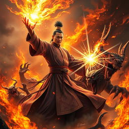 A great Vietnamese magician utilizing powerful magic to obliterate demons in an intense, fiery hellscape
