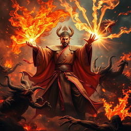 A great Vietnamese magician utilizing powerful magic to obliterate demons in an intense, fiery hellscape