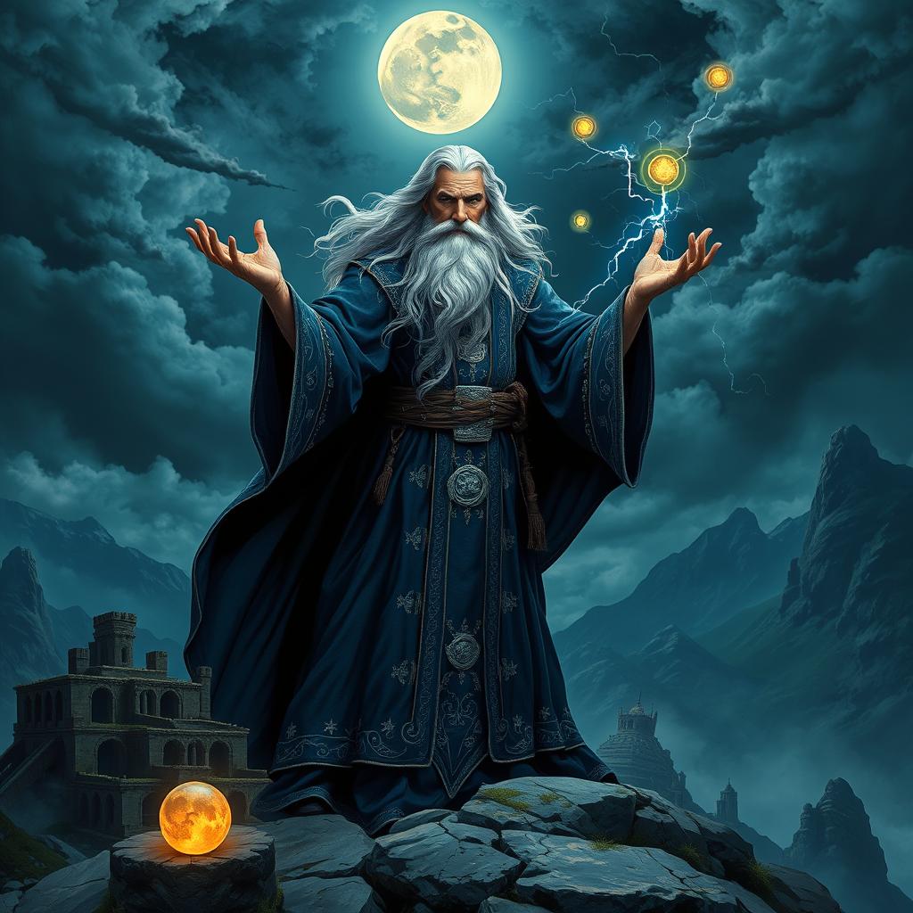 A majestic wizard standing atop a rocky hill, surrounded by a swirling mist and glowing magical orbs