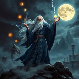 A majestic wizard standing atop a rocky hill, surrounded by a swirling mist and glowing magical orbs