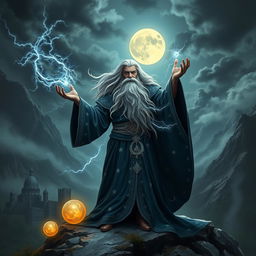 A majestic wizard standing atop a rocky hill, surrounded by a swirling mist and glowing magical orbs