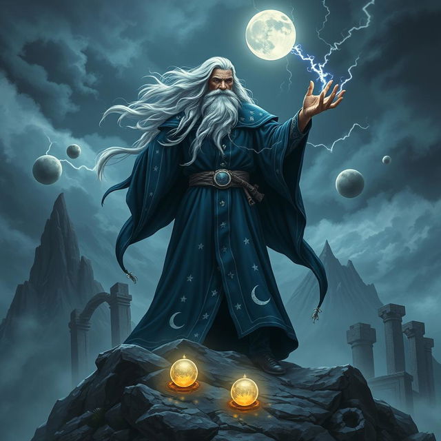 A majestic wizard standing atop a rocky hill, surrounded by a swirling mist and glowing magical orbs