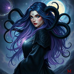 A stunning DnD half-elf aberrant mind sorceress with striking features, showcasing long flowing hair that blends shades of dark blue and violet
