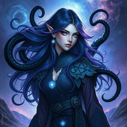 A stunning DnD half-elf aberrant mind sorceress with striking features, showcasing long flowing hair that blends shades of dark blue and violet