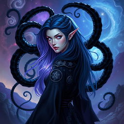 A stunning DnD half-elf aberrant mind sorceress with striking features, showcasing long flowing hair that blends shades of dark blue and violet