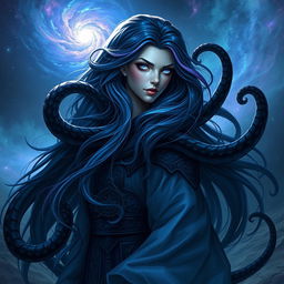 A stunning DnD half-elf aberrant mind sorceress with striking features, showcasing long flowing hair that blends shades of dark blue and violet