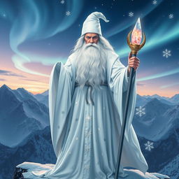 A majestic white wizard standing atop a snowy mountain peak, dressed in a flowing white robe adorned with shimmering silver stars