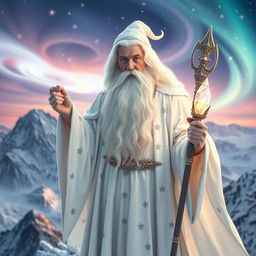 A majestic white wizard standing atop a snowy mountain peak, dressed in a flowing white robe adorned with shimmering silver stars