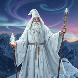 A majestic white wizard standing atop a snowy mountain peak, dressed in a flowing white robe adorned with shimmering silver stars