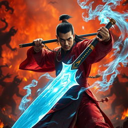 A powerful Vietnamese magician wielding a stunning magic sword, poised to destroy demons in a dramatic hell setting