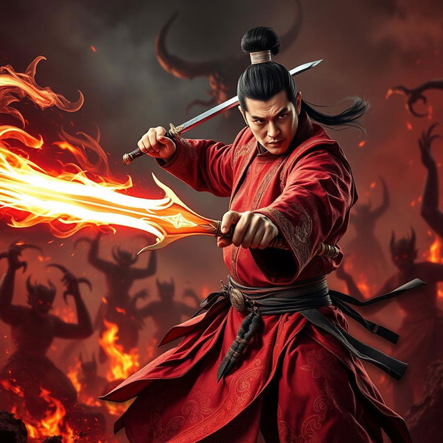 A powerful Vietnamese magician wielding a stunning magic sword, poised to destroy demons in a dramatic hell setting