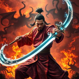 A powerful Vietnamese magician wielding a stunning magic sword, poised to destroy demons in a dramatic hell setting