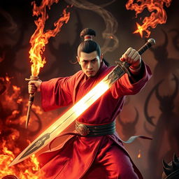 A powerful Vietnamese magician wielding a stunning magic sword, poised to destroy demons in a dramatic hell setting