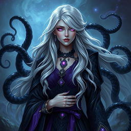 A stunning DnD half-elf sorceress with an aberrant mind theme