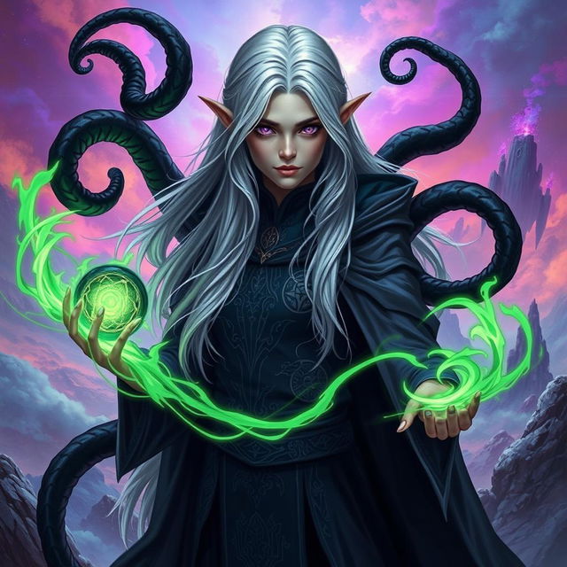 A striking half-elf sorceress embodying the Abberant Mind subclass from Dungeons & Dragons