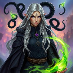 A striking half-elf sorceress embodying the Abberant Mind subclass from Dungeons & Dragons