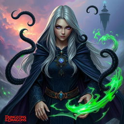 A striking half-elf sorceress embodying the Abberant Mind subclass from Dungeons & Dragons