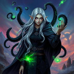 A striking half-elf sorceress embodying the Abberant Mind subclass from Dungeons & Dragons