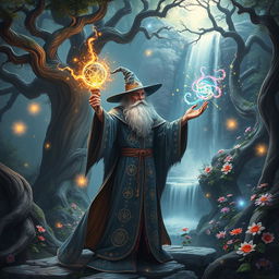 A mystical wizard casting spells in an enchanted forest