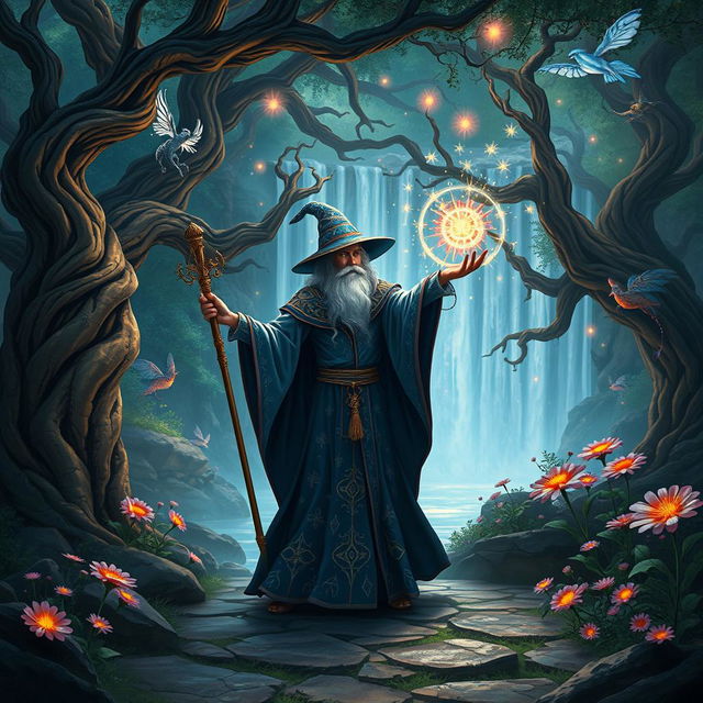 A mystical wizard casting spells in an enchanted forest