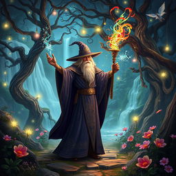 A mystical wizard casting spells in an enchanted forest